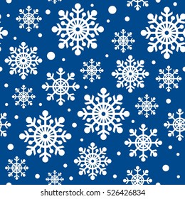 Christmas pattern. Holiday background. Seamless vector pattern with white snowflakes of various sizes on blue background. Childish background for wallpaper, papers, textiles, bed linen, tissue 1.1