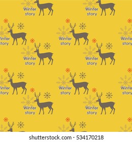 Christmas pattern with holiday decoration: deer and snowflakes.
