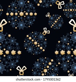 Christmas pattern. Holiday decoration, toy, balls. Winter holiday template with snowflakes, stars.