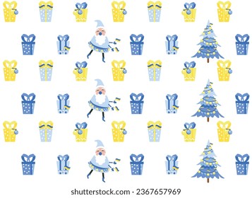 christmas pattern with holiday details (santa claus,snowflake, gifts, balls, candy, christmas tree). Vector illustration