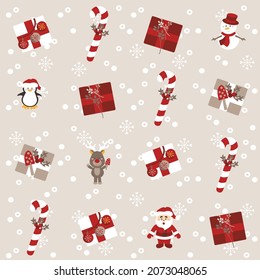 christmas pattern with holiday details (snowflake, gifts, balls, candy, snowman). Childish hand-drawn scandinavian style. Vector illustration