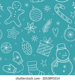 Christmas pattern with holiday elements. Doodle Christmas elements. Winter hand-drawn illustration.