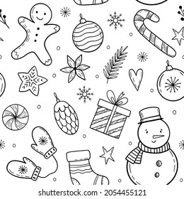 Christmas pattern with holiday elements. Doodle Christmas elements. Winter hand-drawn illustration.