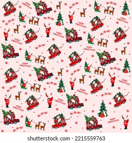 Christmas pattern with holiday elements: snowman, gifts, Christmas trees, Santa Claus, deers. Seamless pattern for wallpaper, pattern fills, web page background, surface textur. Vector illustration