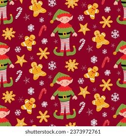 Patrón navideño con caracter de elfo de vacaciones y dulces. Personaje de caricatura plana, hombres con pan de jengibre y copos de nieve con fondo rojo. Diseño de vacaciones para decoración, envoltura, banner