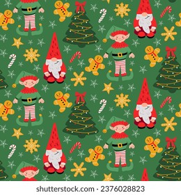 Christmas pattern with holiday Elf and gnome characters and Christmas tree. Flat cartoon characters gingerbread men and snowflakes on green background. Holiday design for for decoration, wrapping