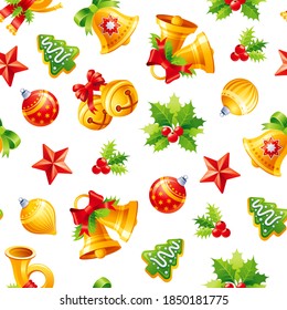 Christmas pattern. Holiday seamless background with holly, jingle bell decoration. Floral and childish vector repeat texture. Cute funny ornament design. Vintage cartoon pattern in gold, red, greeen