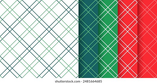 Christmas pattern. Holiday seamless background. Xmas checkered prints. Set of tartan red green textures. Retro New year wrapping papers. Collection geometric plaid backdrops. Vector illustration