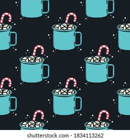 Patrón navideño, vacaciones sin fisuras con cacao mug. Para envolver el patrón de papel. Papel de escritorio de xmas vectoriales