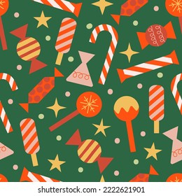 Christmas pattern with holiday sweets, candies, lollipop and stars. Holiday vector background with various objects