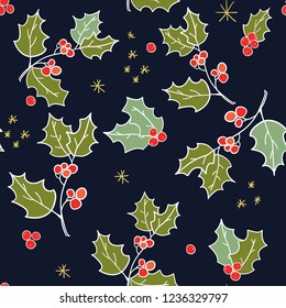 Christmas pattern. Holiday winter seamless patern. Wallpaper with holly berry, leaf and star. Design for wallpaper, greeting card, surface textures, fabric prints.  