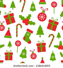 Christmas pattern with holly berries balls gift boxes, candy cane, bell, tree, snowflakes. Merry Christmas seamless pattern. Holiday design elements. Vector illustration.