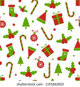 Christmas pattern with holly berries, balls, gift boxes candy cane, bell, tree, snowflakes. Merry Christmas seamless pattern. Holiday design elements. Vector illustration.