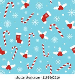 Christmas pattern with holly berries, candy canes, xmas socks snowflakes, snow balls on blue background. Happy New Year design. Winter holiday concept. Vector illustration.