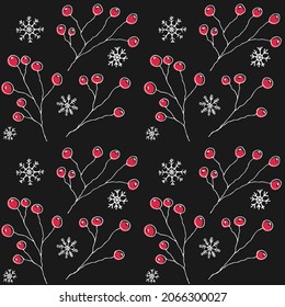 Patrón de Navidad. Bayas huecas con copos de nieve sobre fondo negro, patrones sin costura. Rojo, blanco, negro. Para tela, papel pintado o embalaje.