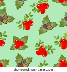 Weihnachtsmuster mit heiligen Beeren und Kaffeebohnen. Dekorative Vektorgrafik auf grünem Hintergrund.