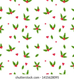 Christmas pattern with Holly Berry. Seamless xmas background with winter plants. Holiday design for Christmas and New Year fashion prints