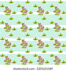 Christmas pattern with holly berry sprigs and dots on a striped background. Seamless vector festive ornament.