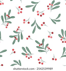 Christmas pattern of holly branches and berries. Vector illustration.