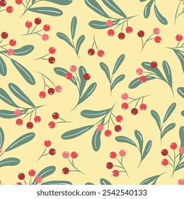 Christmas pattern of holly branches and berries. Vector illustration.