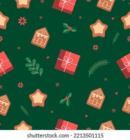 Christmas pattern with holly, cookies and gift. Vector graphics