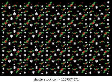 Christmas pattern with holly leaves, and berries on blue background