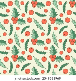 Christmas pattern of holly leaves and berries on a light background. Seamless festive vector pattern, great for party invitations, postcards, textiles, gift wrapping paper and home decor.