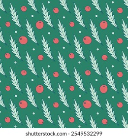Christmas pattern of holly leaves and berries on a green background. Seamless festive vector pattern, great for party invitations, postcards, textiles, gift wrapping paper and home decor.