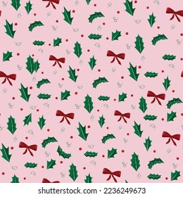 Christmas pattern with holly leaves red berries and burgundy bow on pink background, seamless pattern for Christmas print