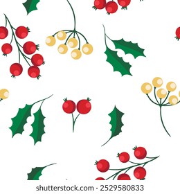 Christmas pattern with holly leaves and red and yellow berries. Vector illustration