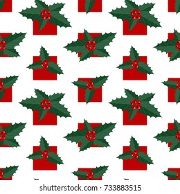 Christmas pattern with holly and red squares. Vector seamless pattern.