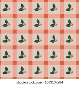 Christmas pattern. Holly tree elements on gingham background. Seamless pattern for wallpaper, web sites, wrapping paper, for fashion prints, fabric, design.
