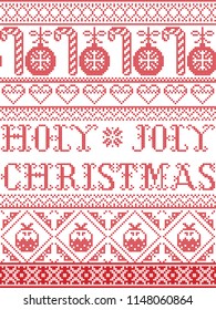 Christmas pattern Holy joly Christmas vector seamless pattern inspired by nordic culture festive winter in cross stitch with heart, snowflake, bauble, christmas pudding, Christmas tree ornaments in re