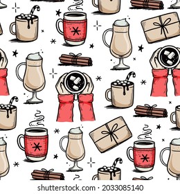 Christmas pattern with hot drink of winter coffee, tea, chocolate. Hand drawn doodle sketch style. Drink cup, mug with winter scarf. Vector illustration.