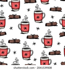 Christmas pattern with hot drink of winter coffee, tea, chocolate. Hand drawn doodle sketch style. Drink cup, mug with winter scarf. Vector illustration.