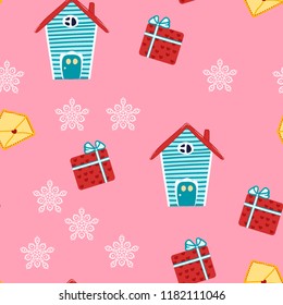 Christmas pattern with a house, gift, hat and envelope. New Year's holidays.