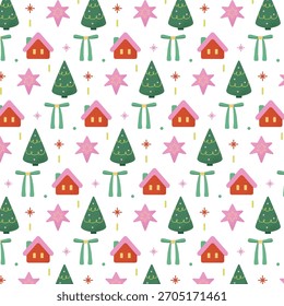 Patrón de Navidades con casa, árbol de Navidad, cinta y estrella para papel de embalaje de tela