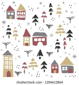 Christmas pattern with houses and trees