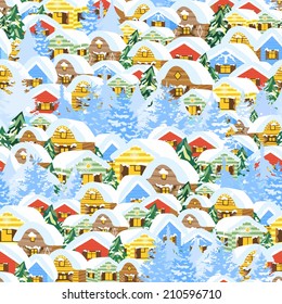 Christmas pattern with houses | Vector background with village houses and trees for gift wrap, design and cards