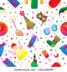 Christmas pattern with icons, objects, symbols. Christmas vector background with fir tree, firework, tree toy, balls, New Year festive bell. Decor elements for graphic design of New Year celebration.