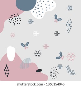 Christmas pattern illustration of holly leaves and snowflakes.