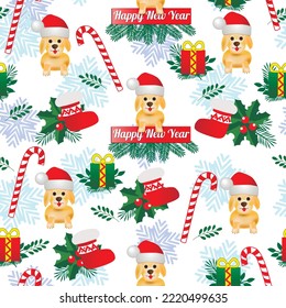 Christmas pattern. Illustration for textile. Seamless pattern for New Year. Bright illustration with dog, Santa Claus. Holiday pattern.
