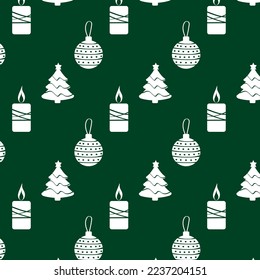 Christmas pattern illustration with white Christmas trees, candles, Christmas baubles on a green background
