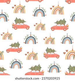 Patrón navideño con la imagen de calcetines de regalo, juguetes para el árbol de Navidad, bolas, autos, regalos. La ilustración vectorial es adecuada como fondo para un cartel, postal, embalaje.