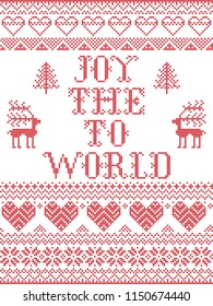 Christmas pattern Joy to the world vector seamless pattern inspired by nordic culture festive winter in cross stitch with heart, snowflake,reindeer, Christmas tree ornaments in red and white
