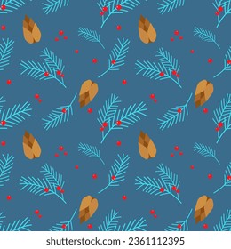 Christmas pattern with juniper branches and fir tree with berries and cones. Blue background.