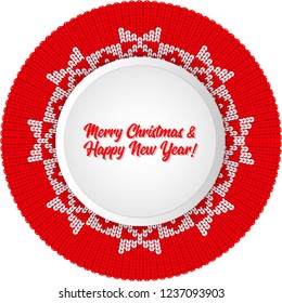 Christmas pattern knit. Card template for new year on red knitted fabric and blue wooden background. Flat vector cartoon illustration.