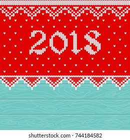 Christmas pattern knit. Card template with 2018 new year on red knitted fabric and blue wooden background. Flat vector cartoon illustration.