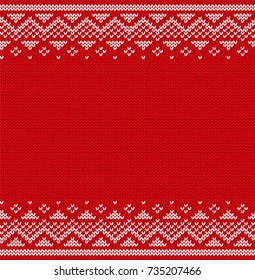 Christmas pattern. Knit seamless design. Vector Xmas ornaments. Knitted winter sweater. New year red background with empty place for text