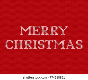 Christmas pattern. Knit seamless design. Vector Xmas red background. Knitted winter texture with text Merry Christmas. Holyday fair sweater ornaments.